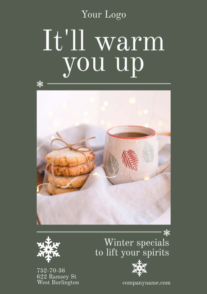 Ontwerpsjabloon van Postcard A5 Vertical van Warm Cup of Tea with Cookies