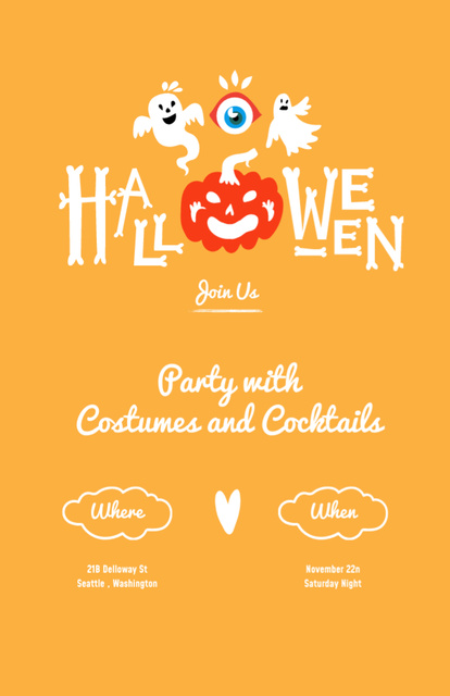 Ontwerpsjabloon van Invitation 5.5x8.5in van Halloween Party Announcement With Pumpkin And Ghosts in Orange