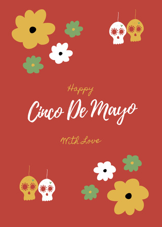 Cinco de Mayo Greeting with Skull and Flowers Postcard A6 Vertical Design Template