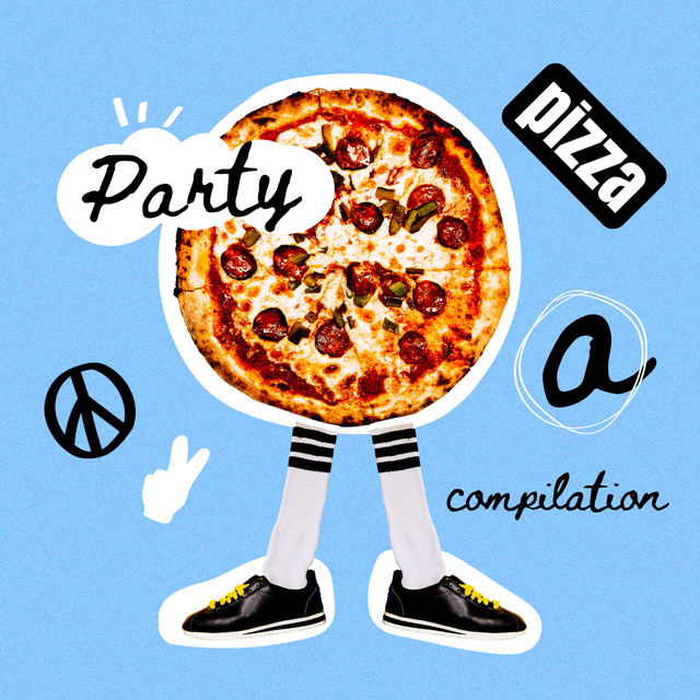 Funny Illustration of Pizza with Legs Album Cover Modelo de Design