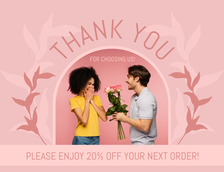 Thank You Notice with Man Giving Flowers to Woman Thank You Card 5.5x4in Horizontal Design Template