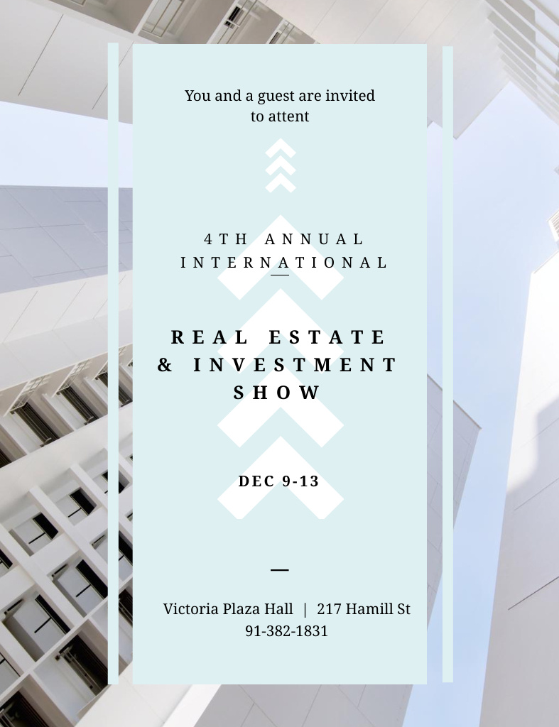 Platilla de diseño Real Estate And Investment Show With Tall Buildings Invitation 13.9x10.7cm