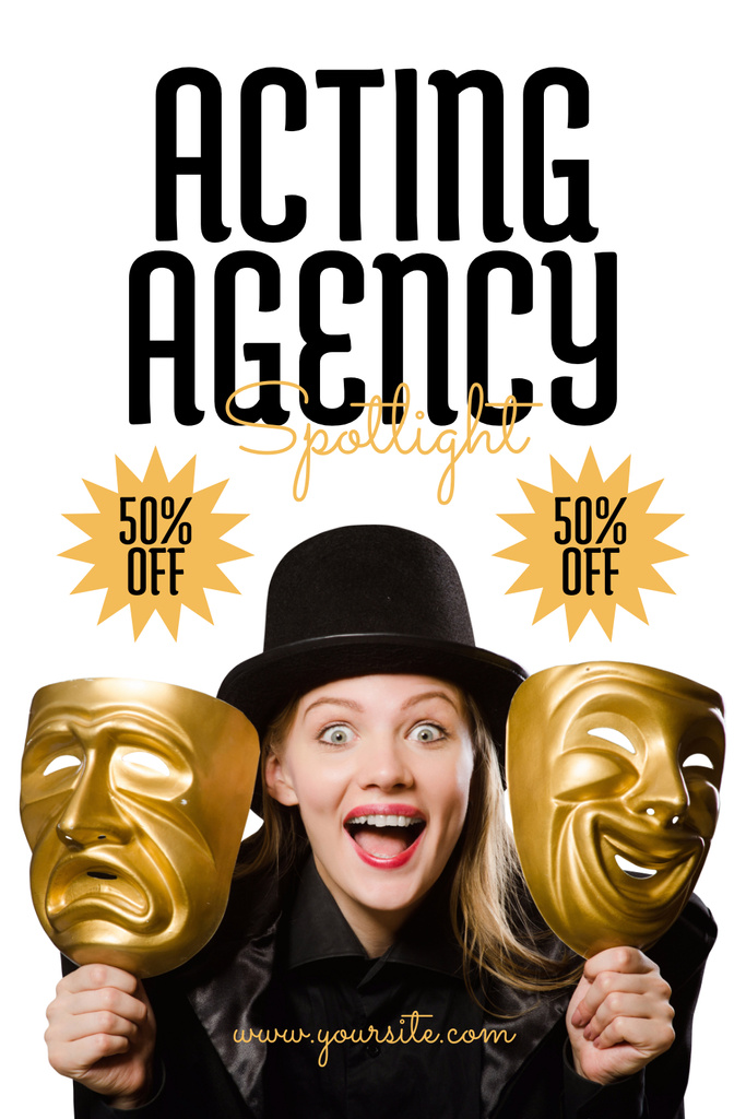 Designvorlage Discount on Acting Agency Services with Woman in Hat für Pinterest