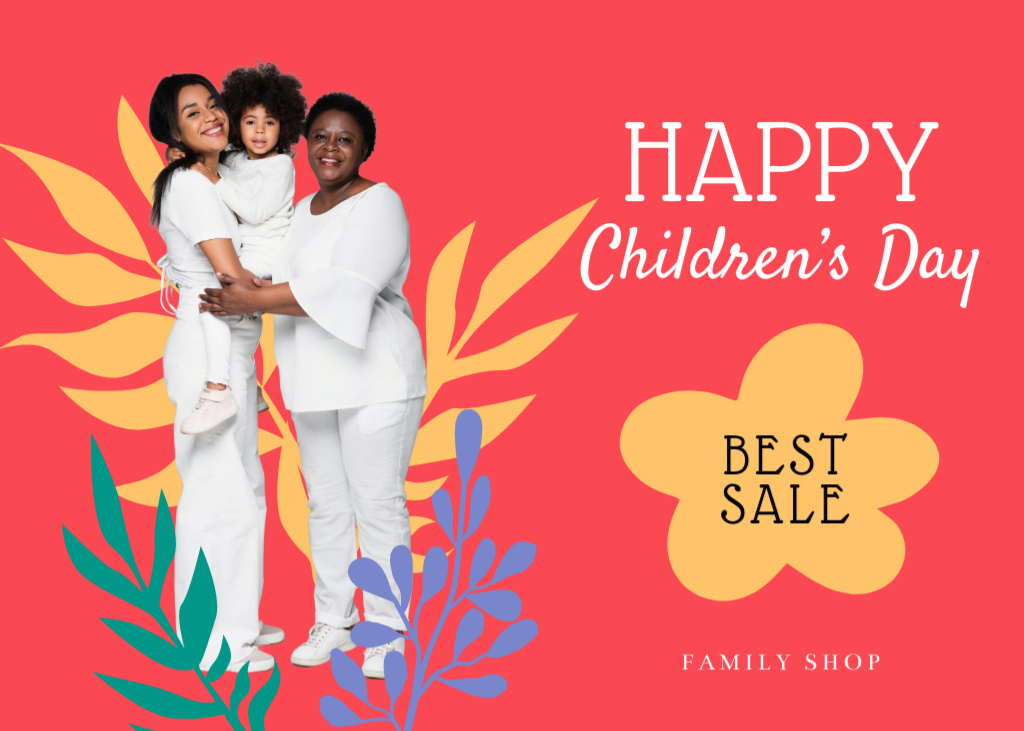 Platilla de diseño Children's Day Sale Offer With Baby and Family in Bright Leaves Postcard 5x7in