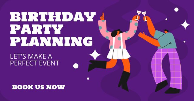 Plantilla de diseño de Birthday Party Planning Services with Dancing People Facebook AD 