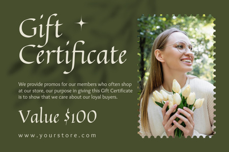 Gift Voucher with Beautiful Woman with Tulips Gift Certificate Design Template