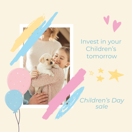 Children's Day Holiday whit Cute Girl and Puppy Animated Post Design Template