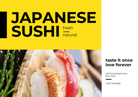 Propaganda de restaurante japonês com sushi fresco Flyer A5 Horizontal Modelo de Design