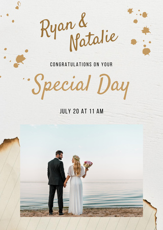 Wedding Greeting With Golden Wedding Rings In Nest Postcard A6 Vertical Design Template