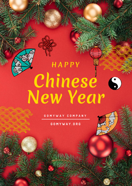 Chinese New Year Greeting With Festive Holiday Symbols Postcard 5x7in Vertical Tasarım Şablonu
