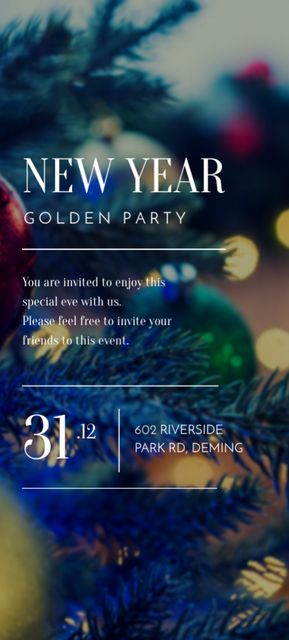 New Year Party Alert With Bokeh And Tree Invitation 9.5x21cm tervezősablon