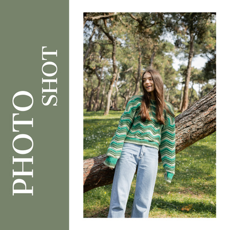 Kuvaus kauniista naisesta vihreässä villapaidassa Photo Book Design Template
