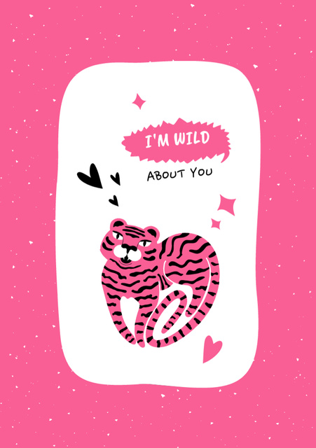 Love Phrase with Cute Pink Tiger Postcard A5 Vertical Design Template