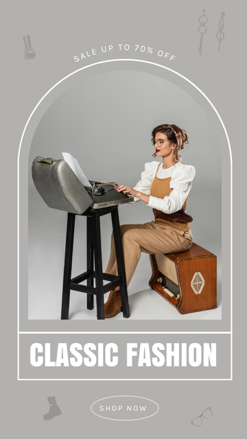 Classic Fashion Ad with Woman Typing on Old Vintage Typewriter Instagram Story Šablona návrhu