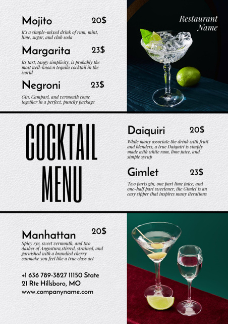 Modern Collage of Cocktails With Description Menu Design Template