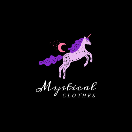 Plantilla de diseño de Anuncio de ropa mística con unicornio Logo 