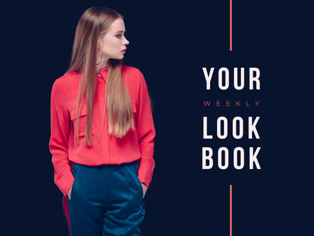 Ontwerpsjabloon van Presentation van Wekelijkse Look Book-advertentie met stijlvolle vrouw