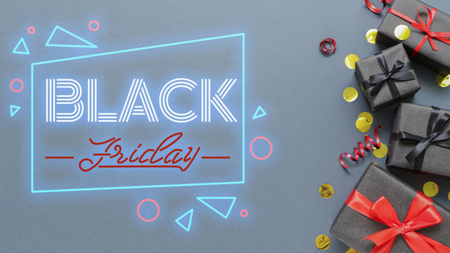 Black Friday In Neon Light With Gifts Zoom Background Design Template