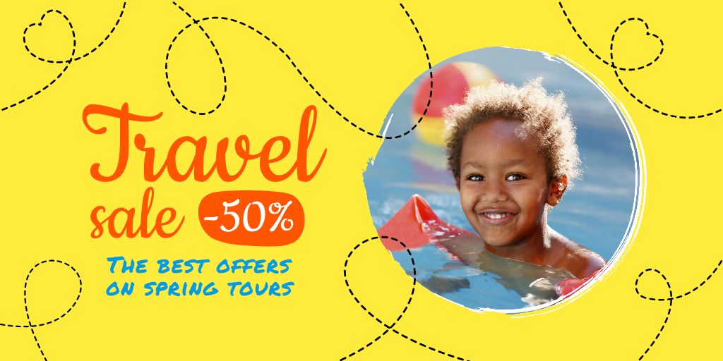Ontwerpsjabloon van Twitter van Travel Sale Ad with Child in Inflatable Ring