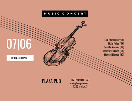 Announcement Of Classical Music Event With Violin Invitation 13.9x10.7cm Horizontal Design Template