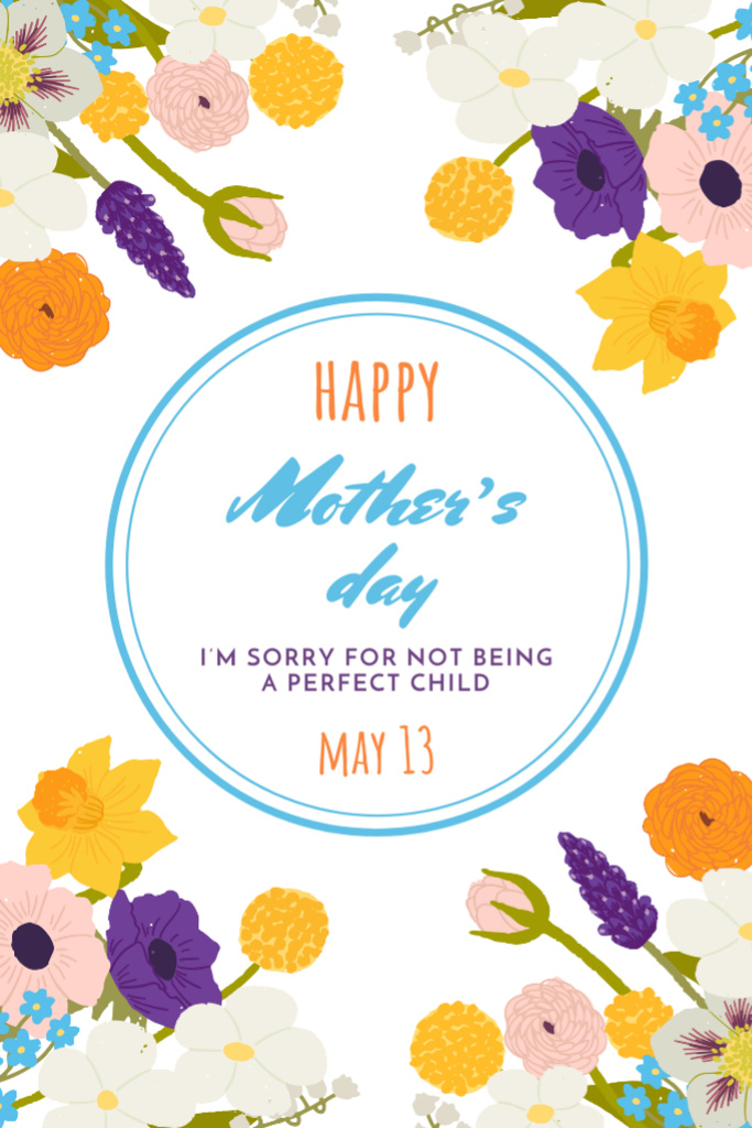 Happy Mother's Day Greeting With Colorful Bright Flowers Postcard 4x6in Vertical Design Template