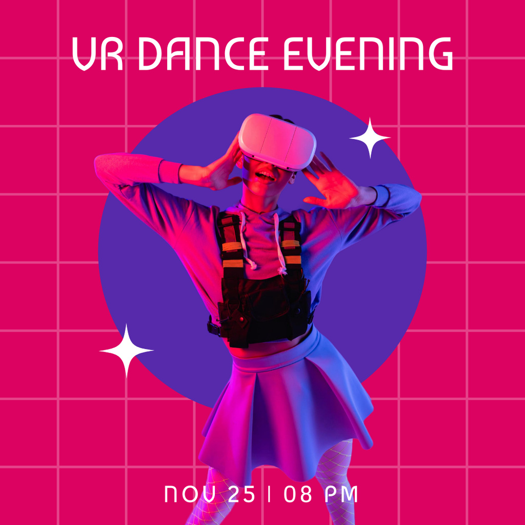Virtual Dance Evening Invitation with Girl in VR Glasses Instagramデザインテンプレート