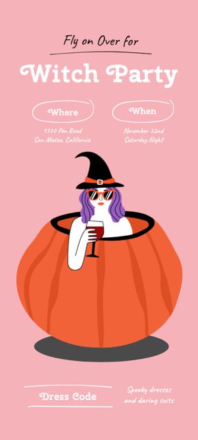 Halloween Party Announcement with Cute Witch in Pumpkin Invitation 9.5x21cm Design Template