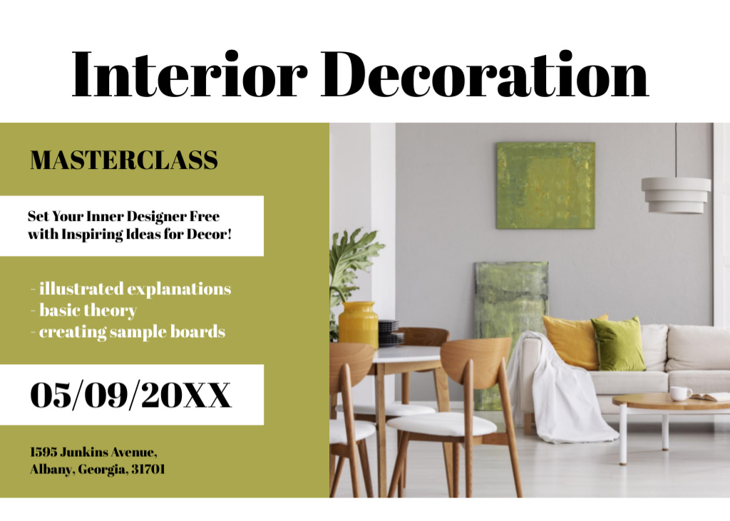Designvorlage Interior Decoration Masterclass Announcement with Sofa and Table für Flyer 5x7in Horizontal