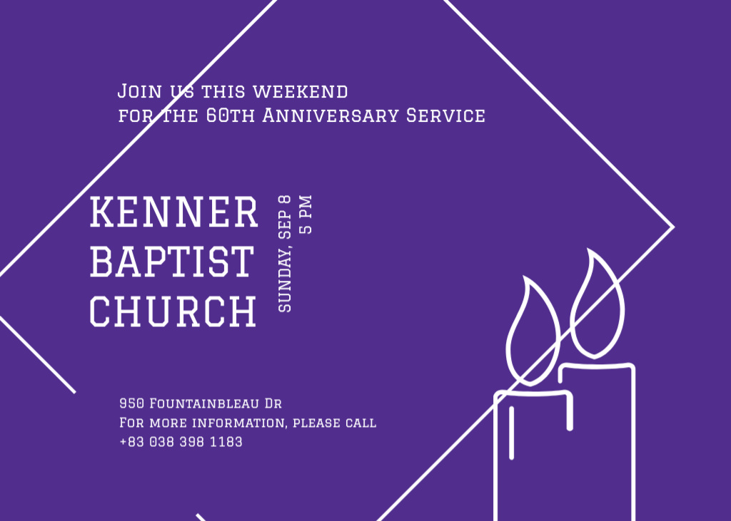 Baptist Church Service Ad With Simple Illustration of Candles on Purple Postcard 5x7in Design Template