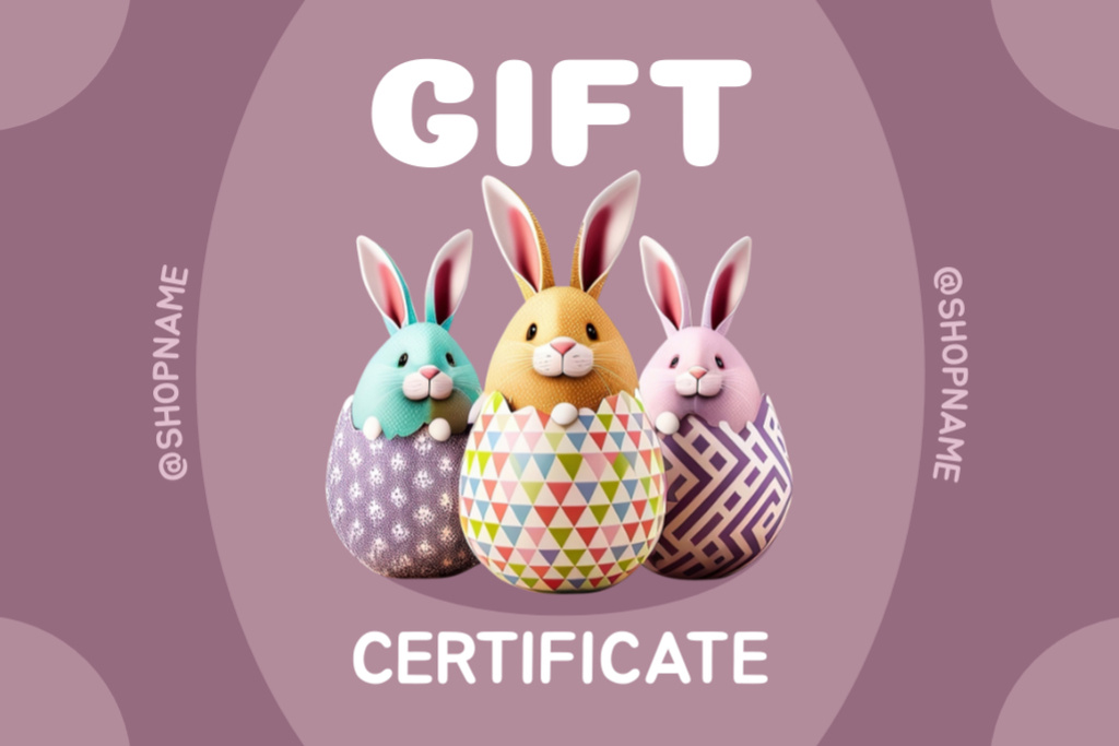 Easter Promo with Cute Rabbits and Painted Eggs Gift Certificate Design Template