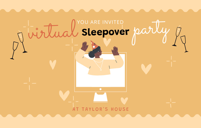 Announcement of Virtual Sleepover Party With Champagne Invitation 4.6x7.2in Horizontal Tasarım Şablonu