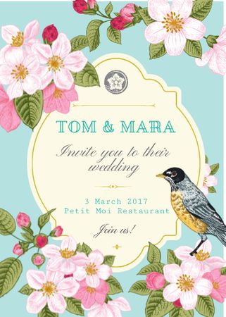 Wedding Invitation with Flowers and Bird in Blue Invitation Tasarım Şablonu