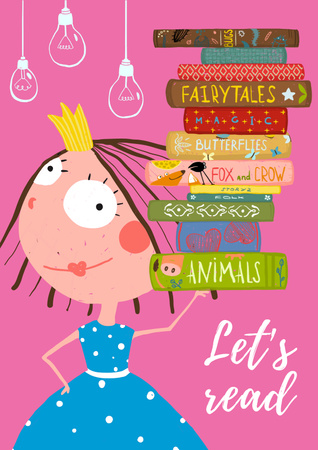 Cartoon Card with little Princess with books Poster – шаблон для дизайну