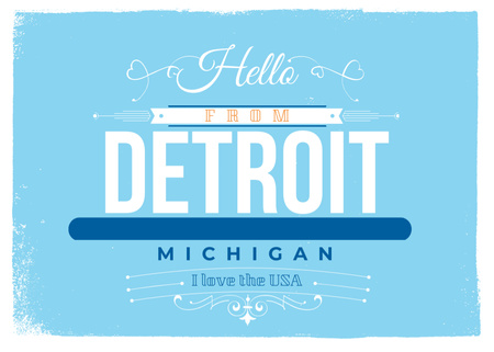 Template di design Ciao alla moda da Detroit con l'ornamento in blu Postcard 5x7in