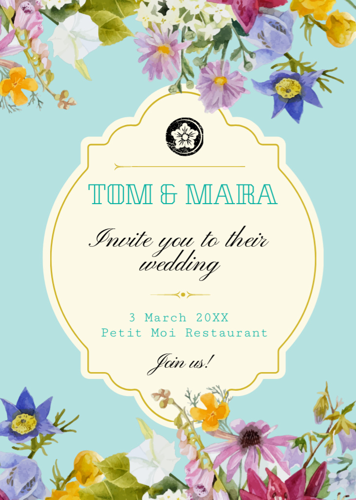 Wedding Announcement with Flowers and Bird in Blue Invitation Tasarım Şablonu