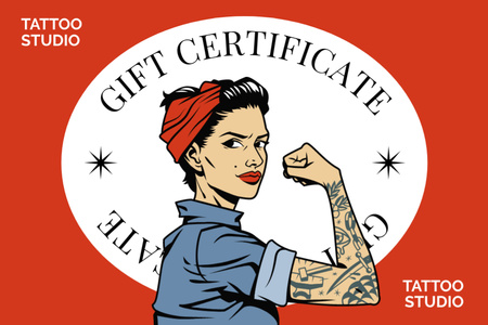 Tatuointistudiotarjous kuvitettu sitkeällä tatuoidulla naisella Gift Certificate Design Template