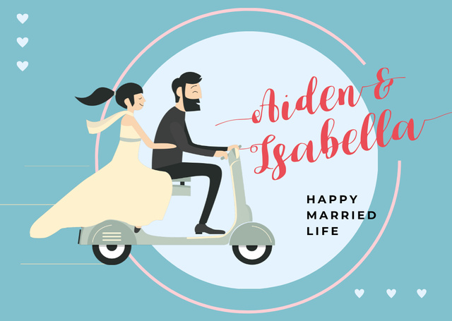 Plantilla de diseño de Wedding Greeting Couple of Newlyweds Riding Scooter Card 