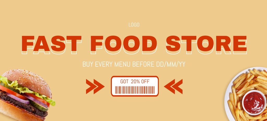 Fast Food Grocery Discount With Hamburger Coupon 3.75x8.25in Design Template