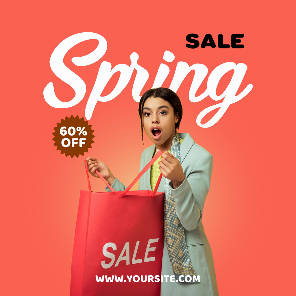 Spring Sale Announcement with Surprised Young African American Woman Instagram AD Tasarım Şablonu