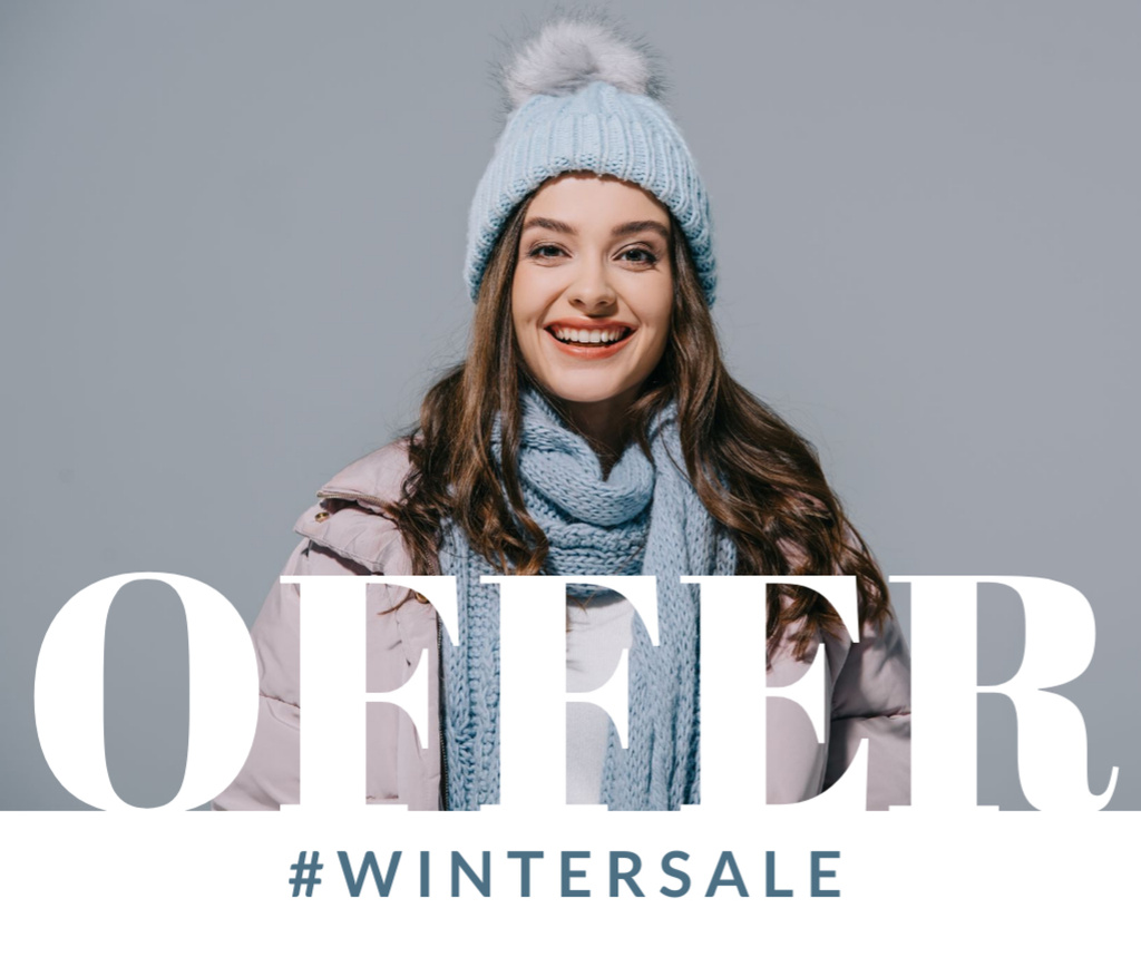 Winter Sale Announcement with Girl in Warm Outfit Facebook Modelo de Design