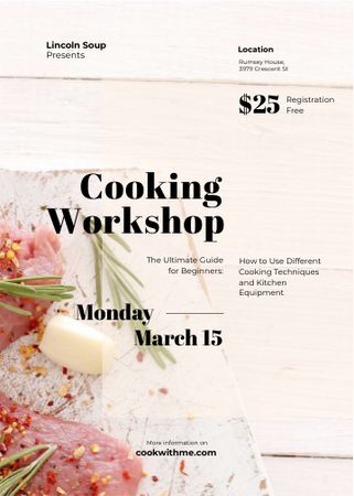 Designvorlage Cooking Workshop ad with raw meat für Invitation