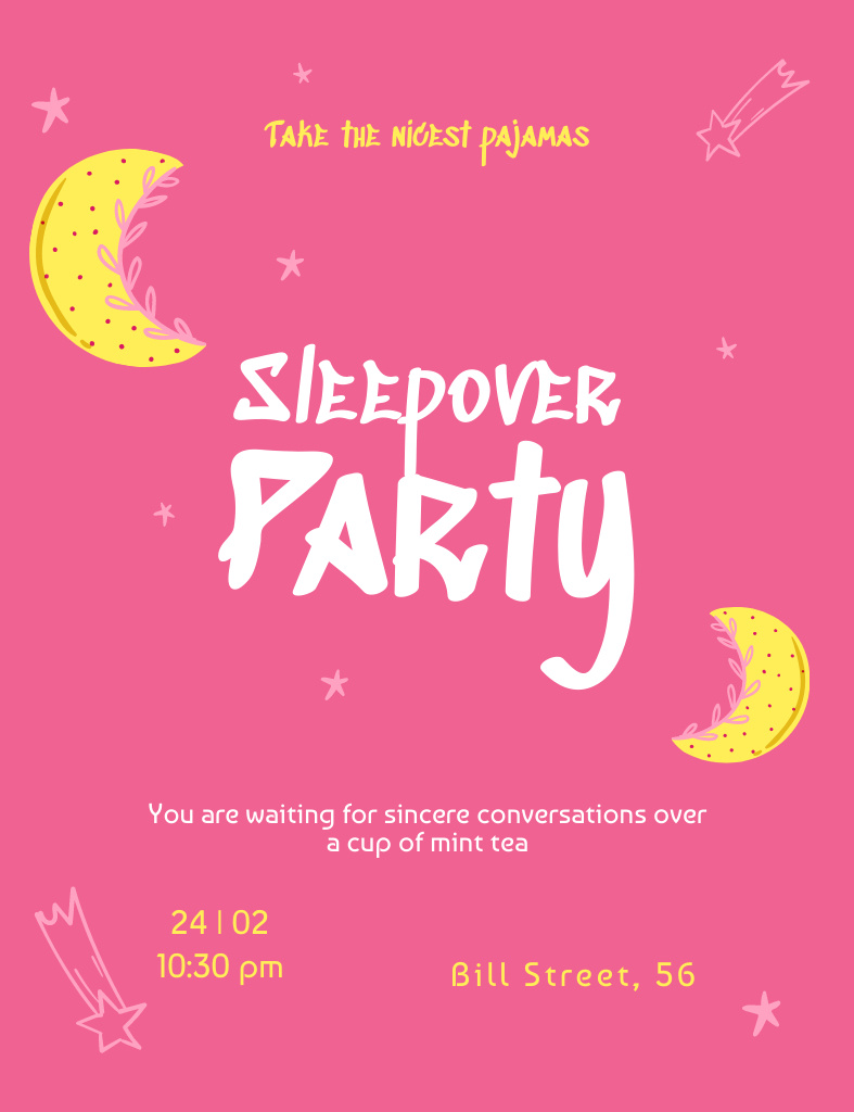 Platilla de diseño Moonlight Sleepover Party Alert on Pink Invitation 13.9x10.7cm