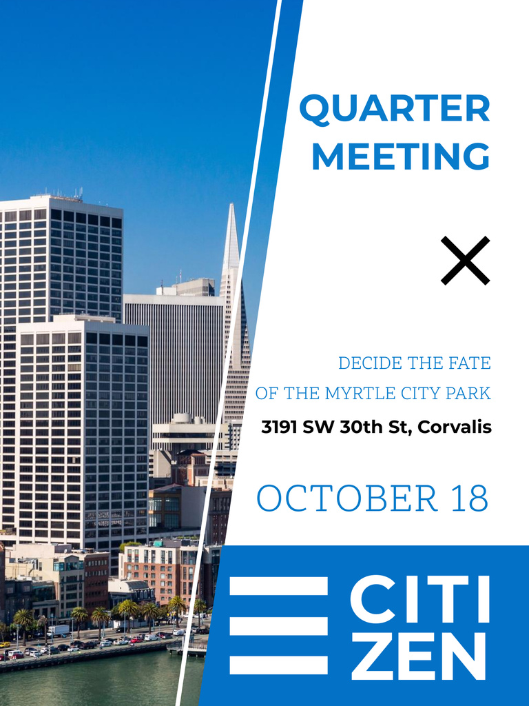 Quarter Meeting Announcement with City Buildings Poster US – шаблон для дизайну
