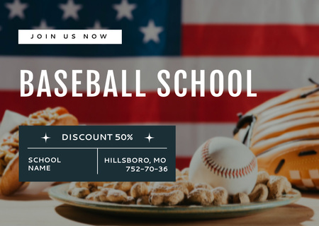 Реклама бейсбольной школы с американским флагом на заднем плане Postcard – шаблон для дизайна