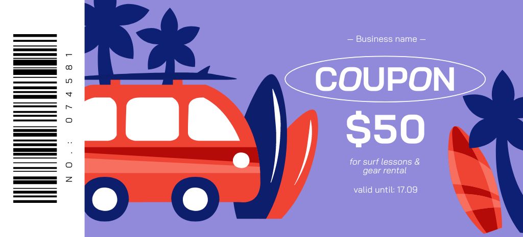 Template di design Surf Rentals Ad with Illustration of Van Coupon 3.75x8.25in