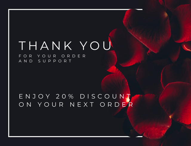 Designvorlage Discount on Next Order with Red Rose Petals on Black für Thank You Card 5.5x4in Horizontal