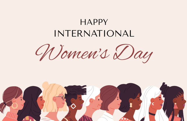 International Women's Day Greeting with Illustration of Multiracial Girls Thank You Card 5.5x8.5in Tasarım Şablonu