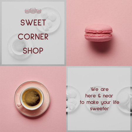 Designvorlage Corner Shop With Sweet Macaron And Coffee für Instagram