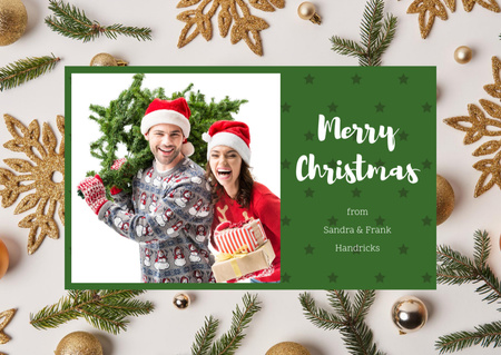 Merry Christmas Greeting with Couple with Fir Tree Postcard Design Template
