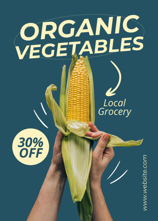 Designvorlage Lebensmittelgeschäft-Anzeige mit Maiskolben in den Händen für Flayer